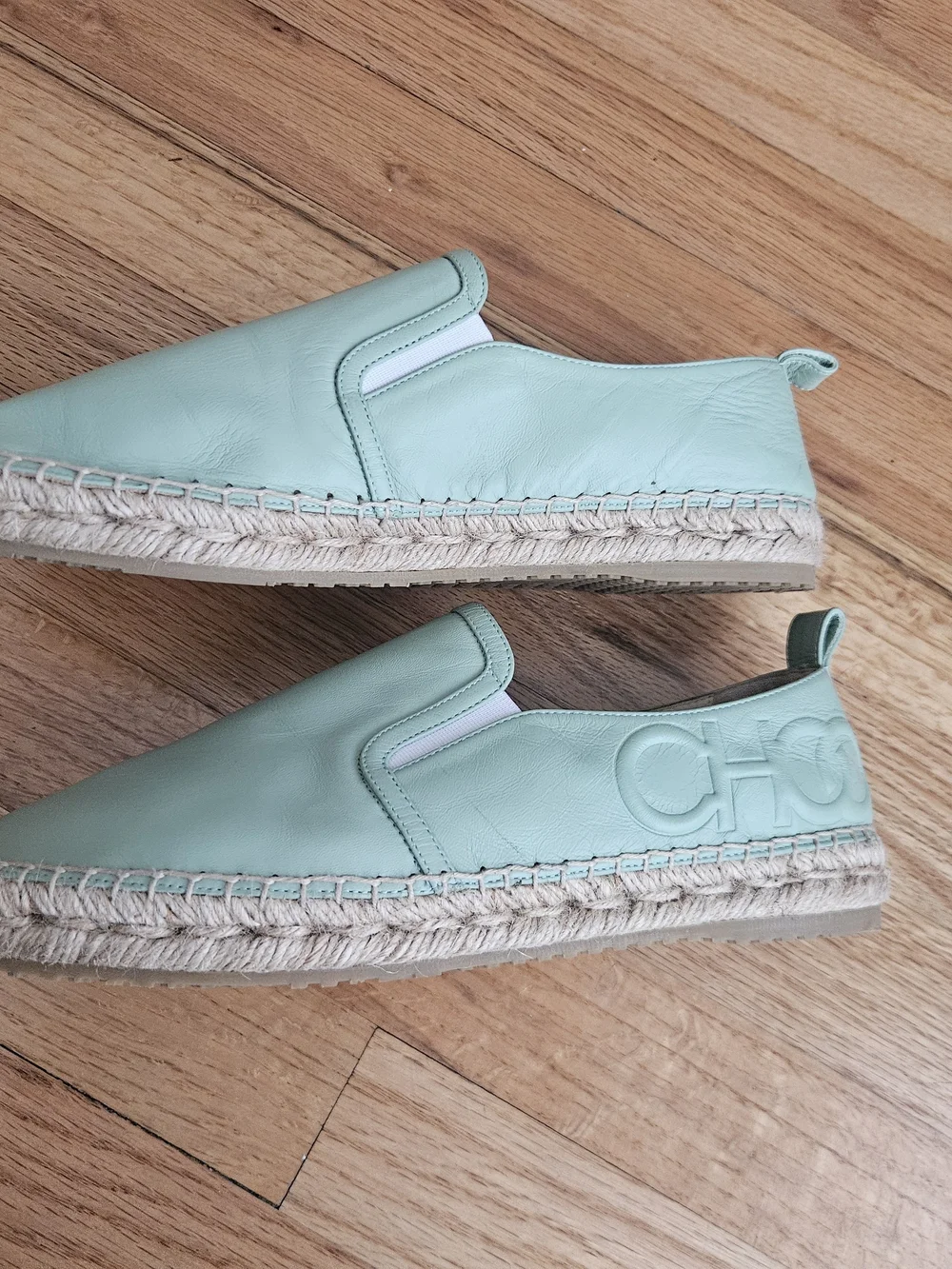 Jimmy Choo Mint Green Leather Espadrille Slip-Ons with Jute Sole